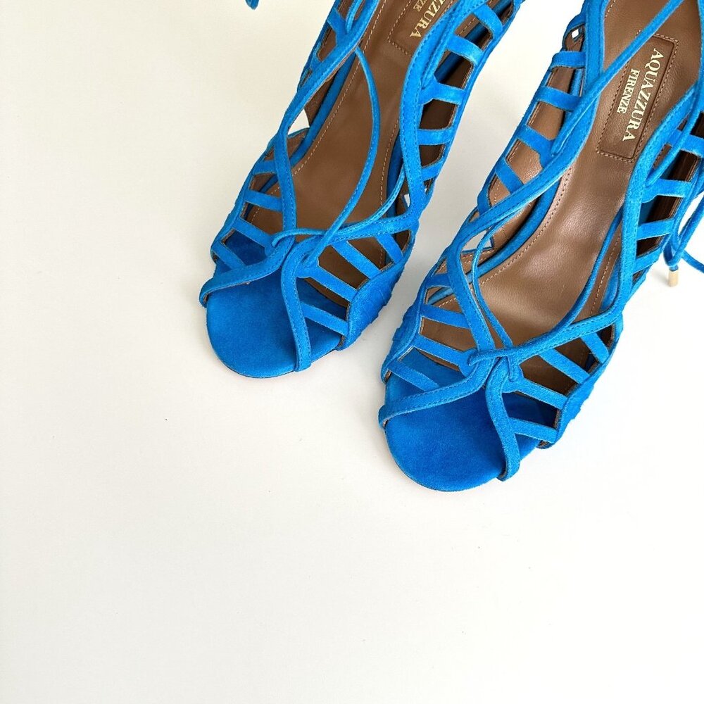 AQUAZZURA Blue Suede Scalloped Cutout Ankle Wrap Sandals Heels Size 38.5 - Picture 7 of 11